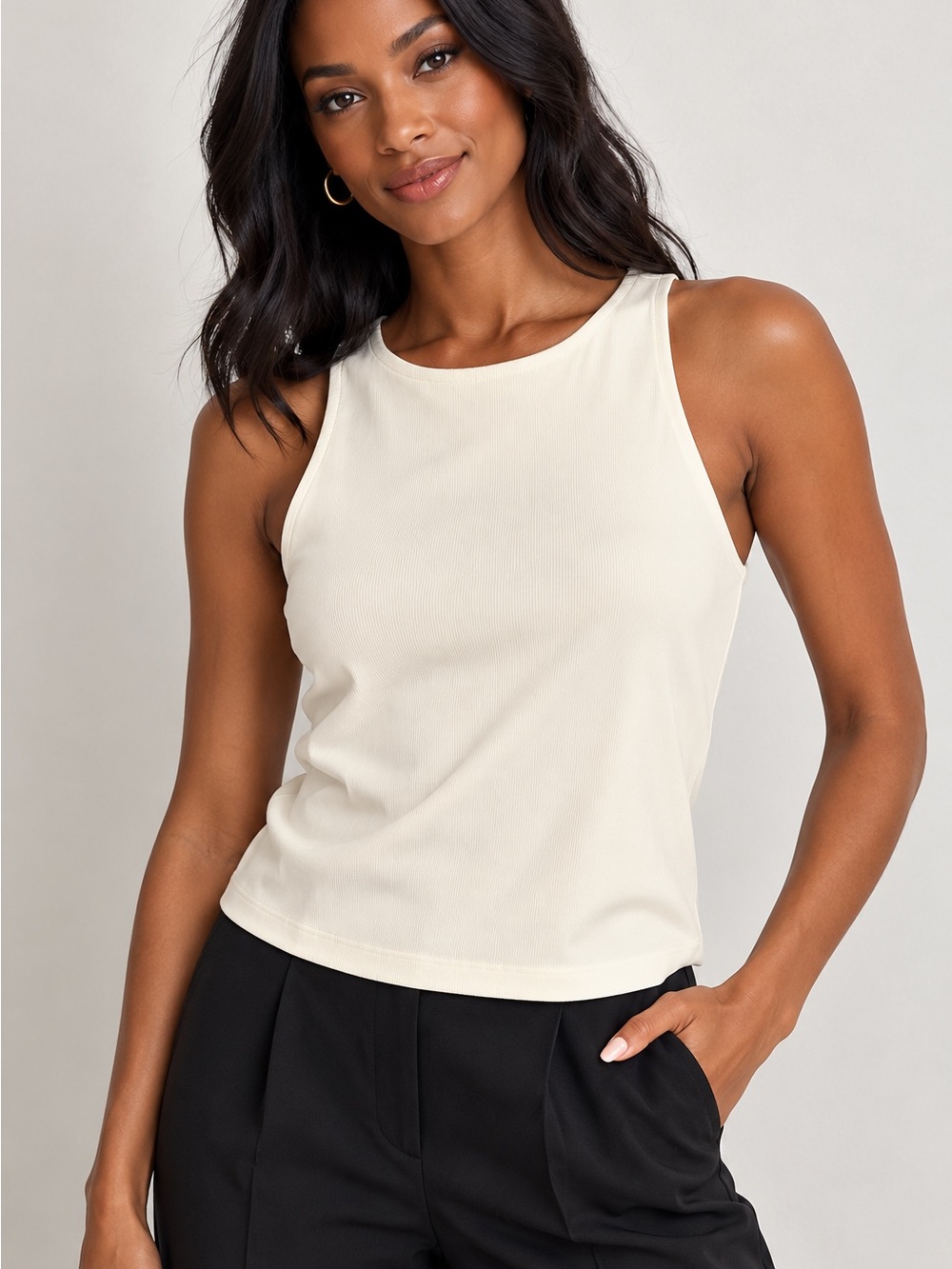 Tahari Modern Essentials Ivory Ribbed Sleeveless Tank Top Size L